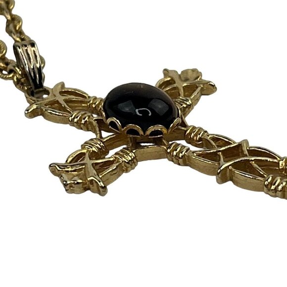 Tiger Eye Cabochon Cross Crucifix Pendant 28" Gold Tone Chain Necklace Religious - Picture 8 of 10